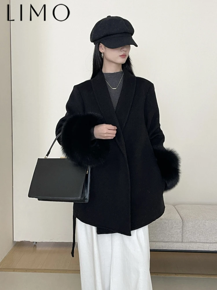 

LIMO женское короткое шерстяное хлопковое пальто с меховыми рукавами, зимне-осеннее пальто для путешествий, модное и стильное
