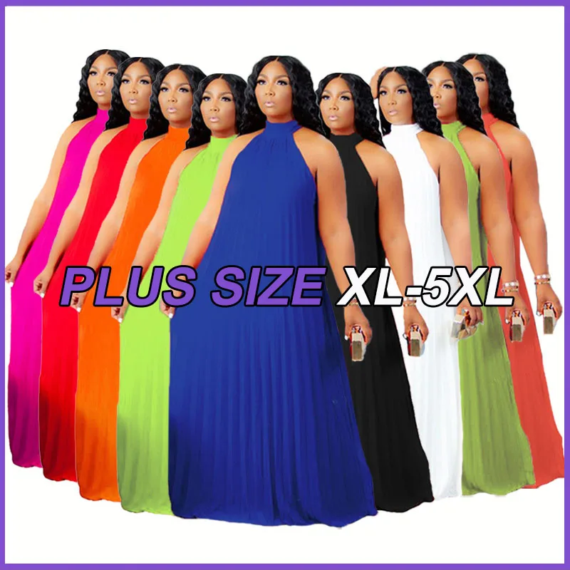 

Plus Size Women Long Dress Sleeveless Bandage Halter Hollow Out Splited A-line Maxi Dresses 4XL 5XL Summer Vacation Casual Frock