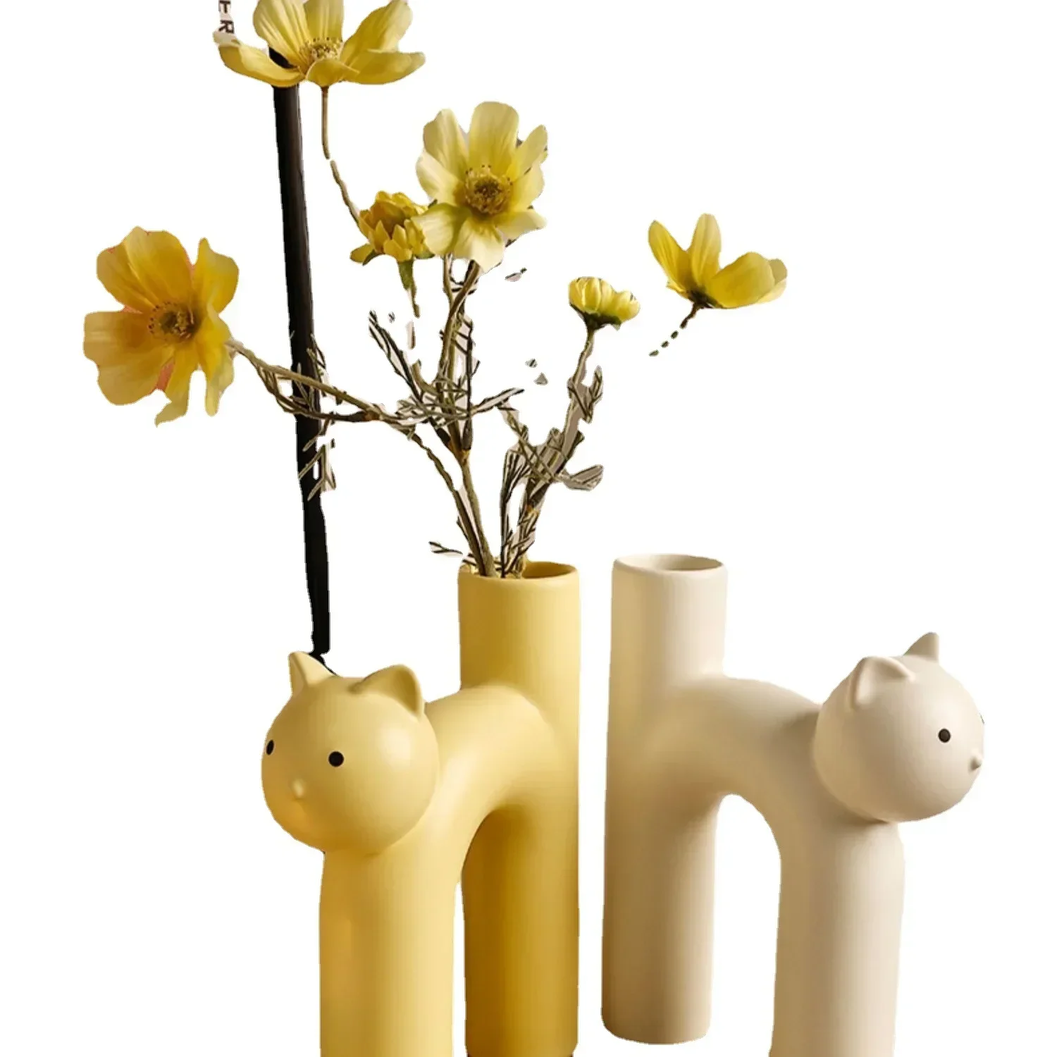 Cartoon Cat Vase Cute Tubular Cat Aesthetic Ceramic Vase Matte U Shape Cream Wind Desktop Living Room Dining Table Decorations