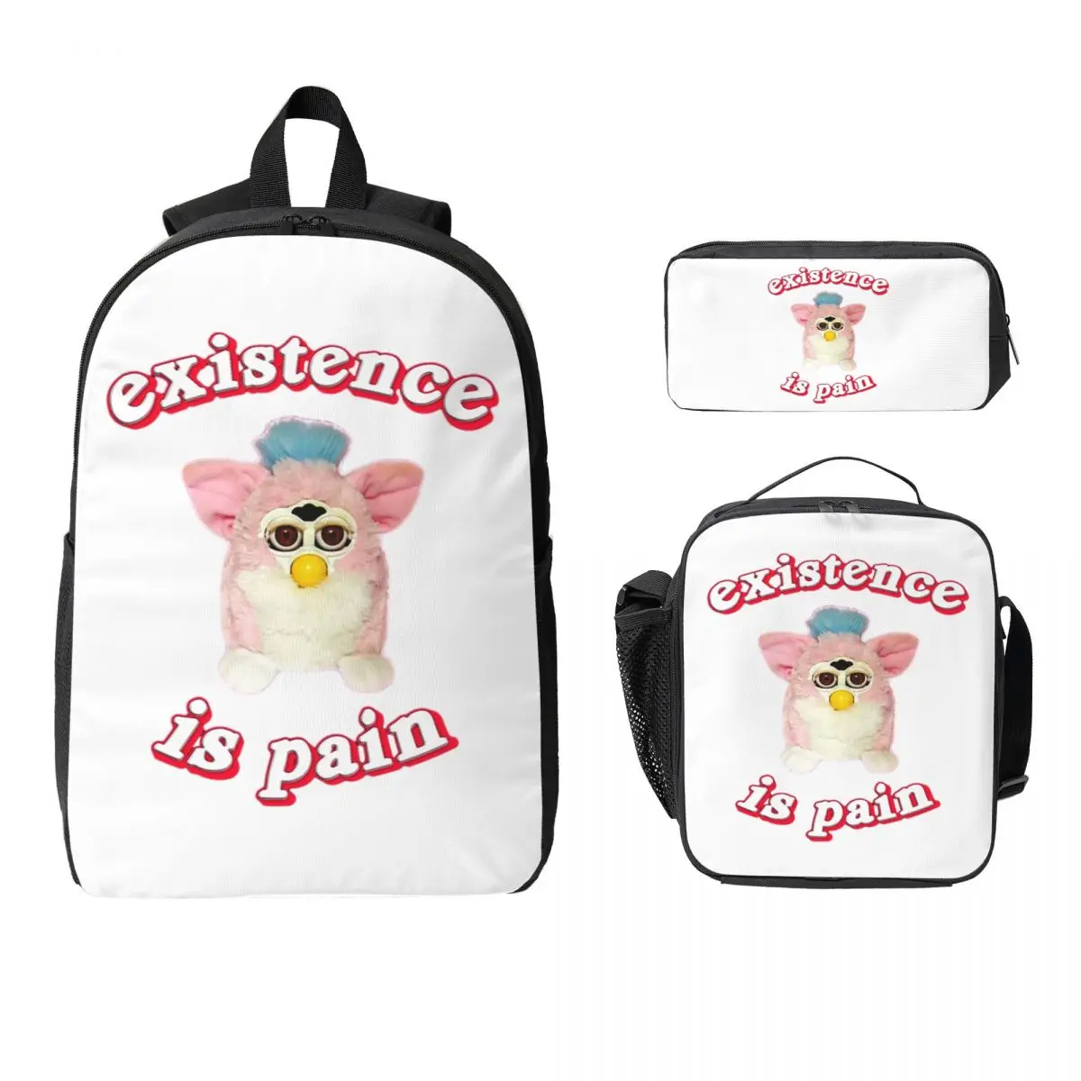 

Furby Existence Is Pain Backpack Student BookBag School Bag Computer Shoulder Bags 3ps Insulated Lunch Bag Pencil Case