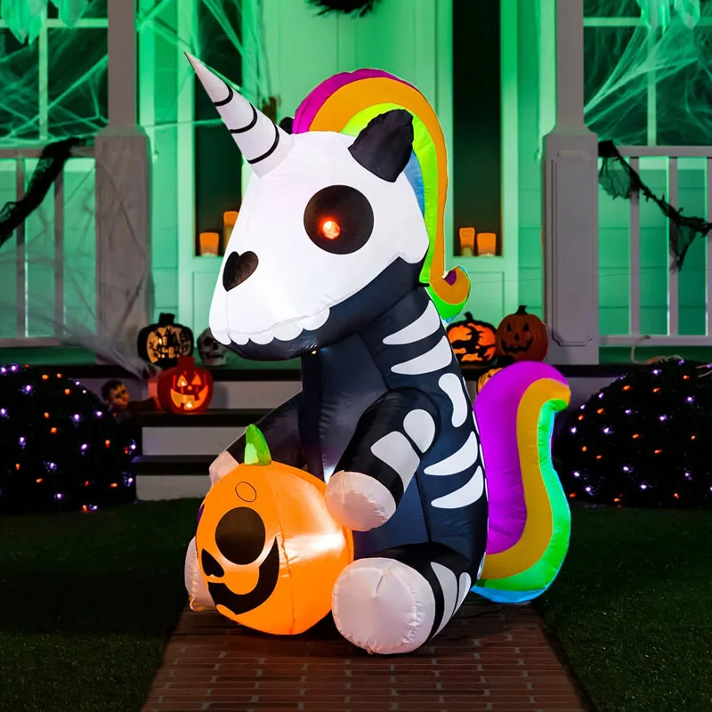 5FT Inflatable Halloween Decorations Inflatables Skeleton Unicorn LED Blow Up Skeleton Unicorn Halloween Outdoor Yard Lawn Toys