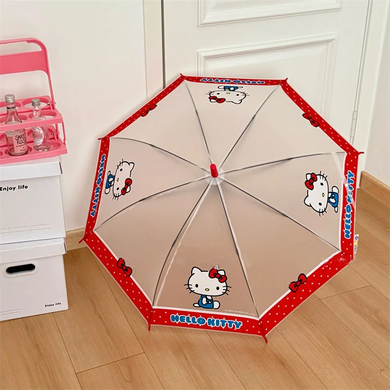 ร่มใสลายการ์ตูนซานริโอ้ เฮลโล คิตตี้ ร่มด้ามยาวแบบด้าน ร่มอัตโนมัติสำหรับนักเรียน ของขวัญสำหรับเด็กผู้หญิง