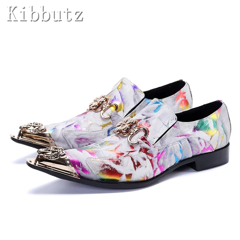 Zapatos de piel auténtica con estampado para hombre, calzado con punta puntiaguda, decoración de Metal, estilo británico, moda de lujo, fiesta, banquete, talla grande