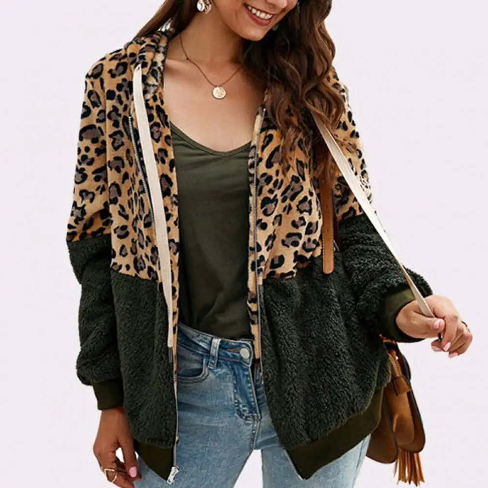 Fluffy Jacket Women Autumn Winter Jackets Leopard Print Color Block Female Jacket Plush Hoodies Sweatshirts Hooded Outwear