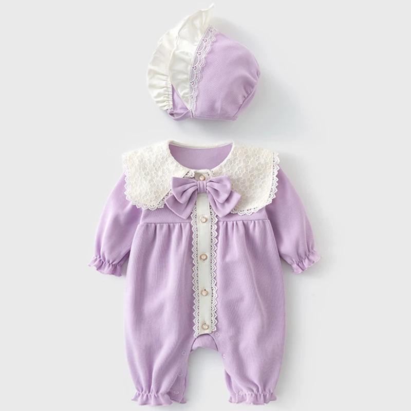 Spring Autumn Baby Girl Romper Korean Cute Doll Collar Bow Cotton Long Sleeve Jumpsuits+Hat Newborn Items Toddler Clothes BC757