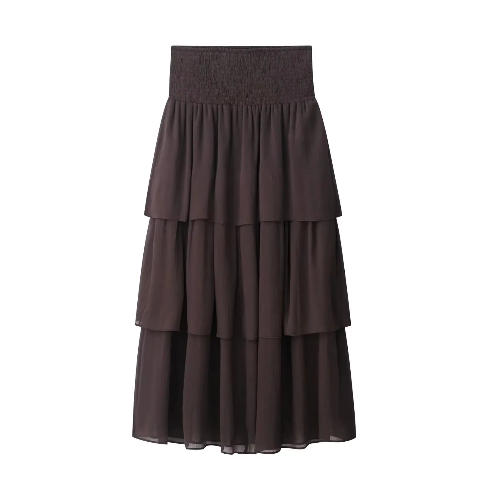 

KONDALA Chic Solid Holiday Casual Flounce Woman Skirts Elastic Waist Fashion 2025 Beach Streetwear Elegant Tierred Long Skirts