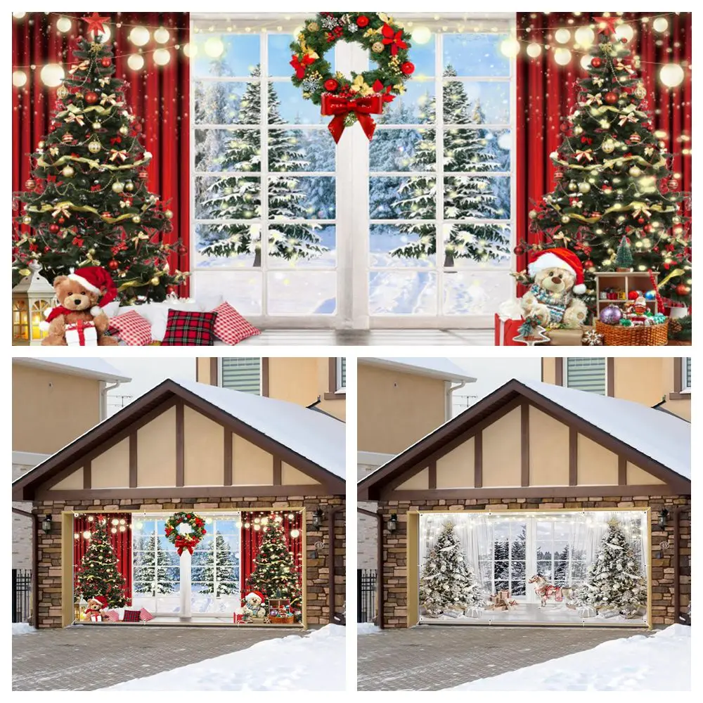 

Christmas Garage Door Decoration Banner Xmas Tree Window Gifts Backdrop Christmas Party Home Yard Wall Large Hanging Background