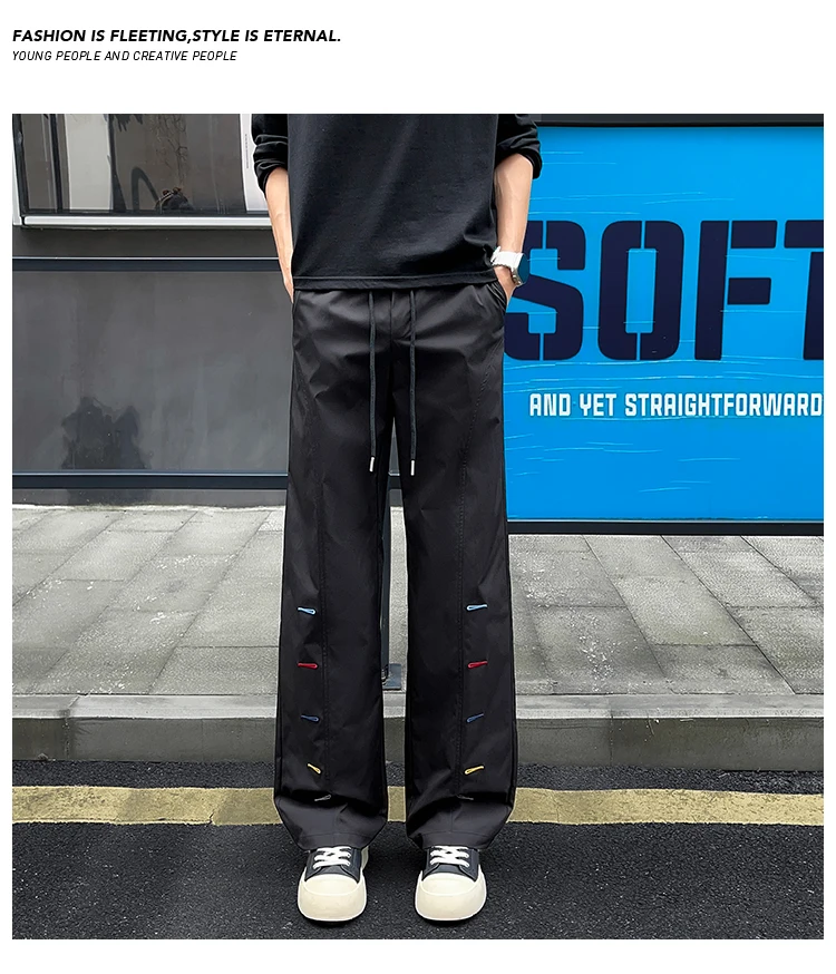 Bunte Herrenhose mit Ziernähten, weitem Bein, elastischem Bund, Kordelzug, lockerer, gerader Schnitt, lässige Streetwear-Sport-Hose – Detail 20
