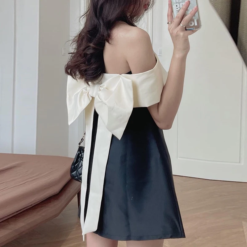 One-Shoulder Back Bow Design Dress Women Black White Vestidos French High-Quality Ladies Korean Chic Summer Femme Robe