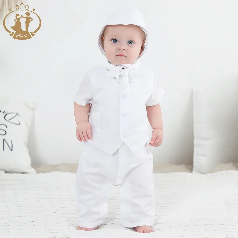 White Baby Boy Clothes Set Baptism Outfits Summer Solid Full Sleeve Suit Lace Christening Gown Newborn Gentleman Birthday