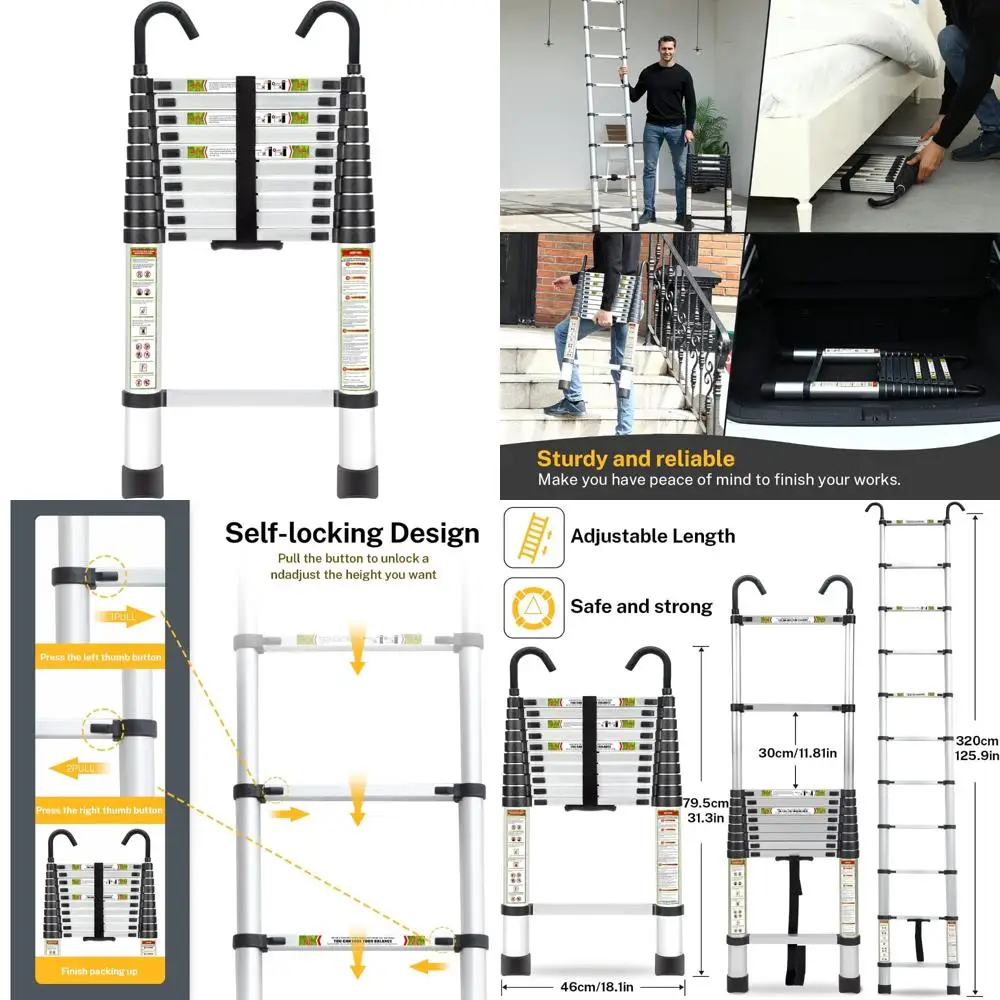 سلم تصغير من الألومنيوم بطول 10.5 قدم - أقدام غير قابلة للانزلاق، خطاف ثابت، سلم تمديد محمول للاستخدام المنزلي #1