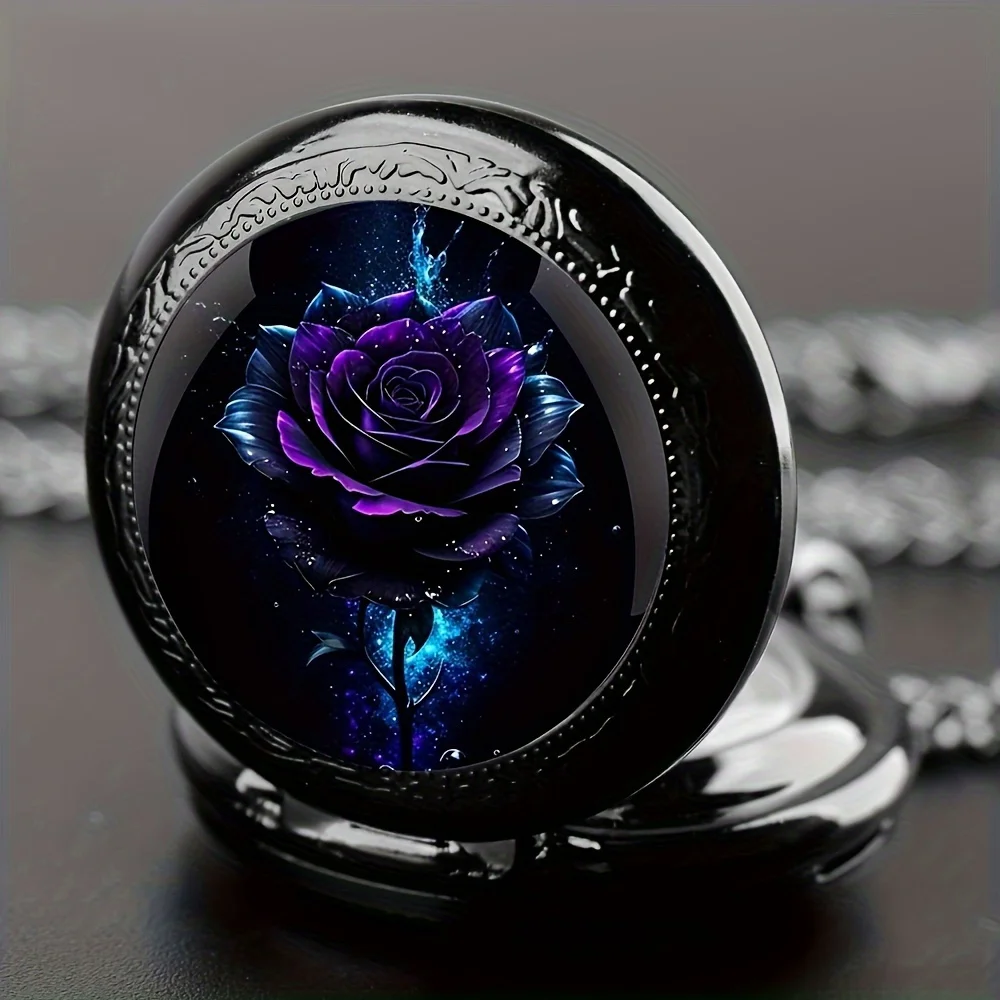 Retro Purple Rose Quartz Pocket Watch, Black Necklace Pocket Watch For Men And Women