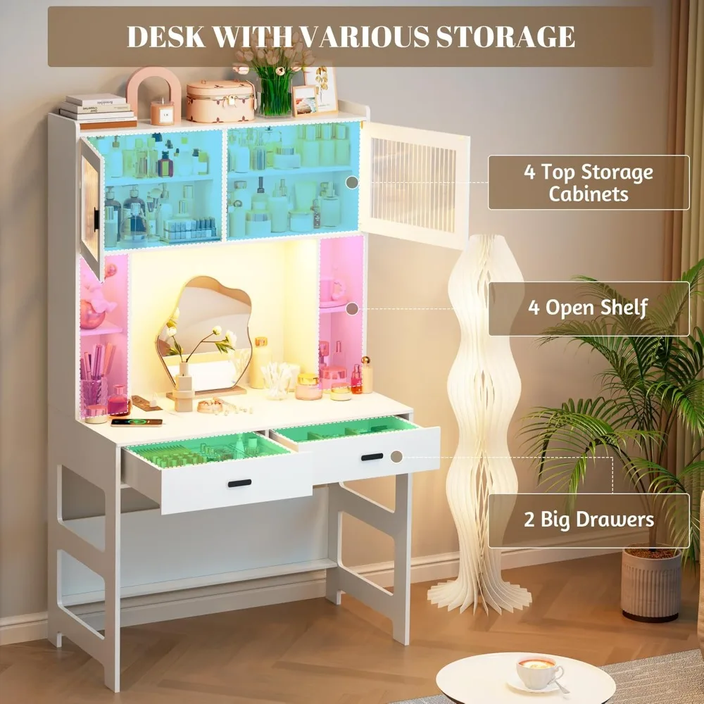 مكتب مكتب منزلي خشبي حديث 40 مزود بخزانة وأرفف تخزين مضاءة LED وأدراج لمكاتب الكمبيوتر #3