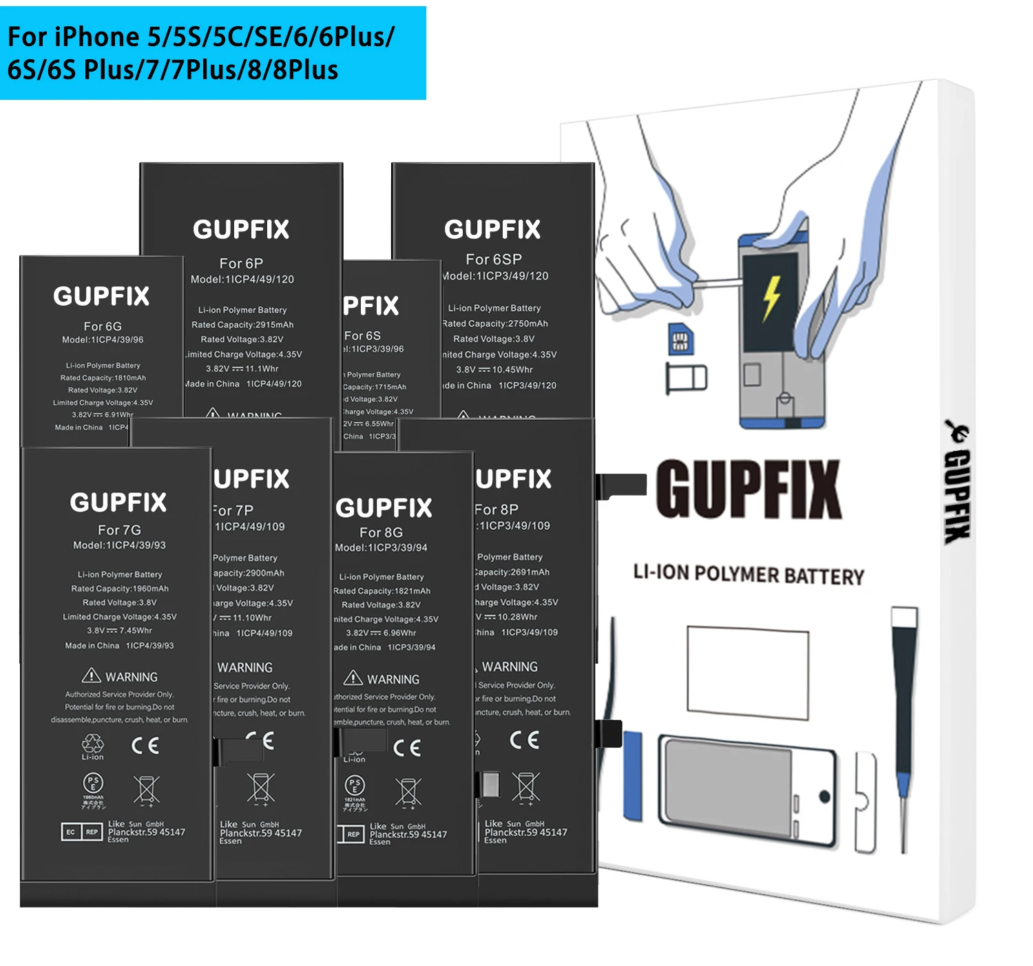 

Замена литий-полимерной аккумуляторной батареи GUPFIX стандартной емкости для iPhone 5 5s 6 SE 6s plus 7plus 8 8plus без набора инструментов