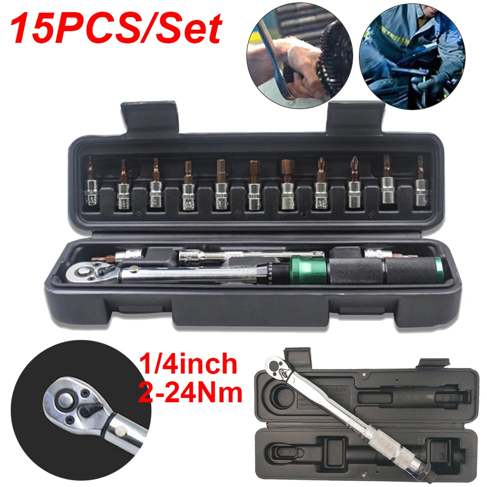 15Pcs 1/4 Preset Torque Wrench Set Torque 2-24NM Bicycle Torque Tool MTB Road Bike Wrench Motorcycle Maintenance Repair Tool