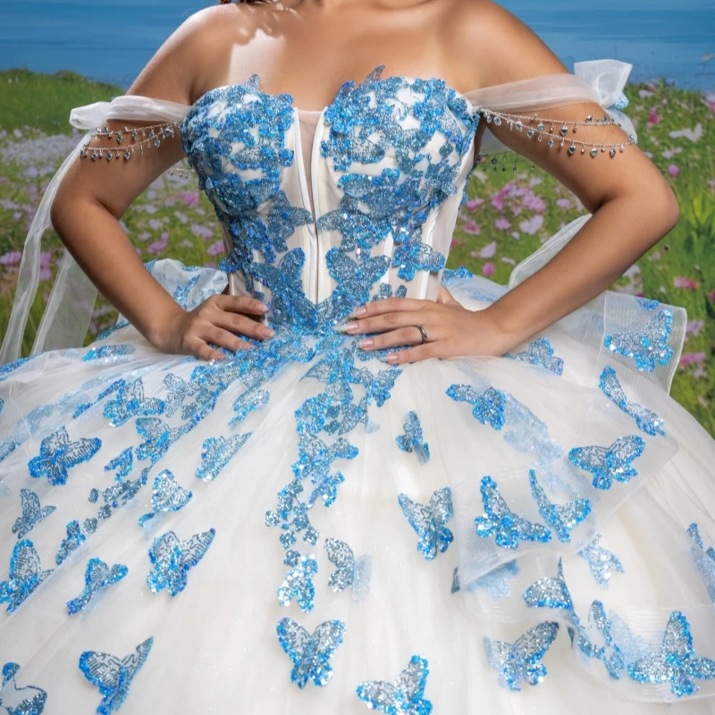 

Beige Shiny Quinceanera Dresses Ball Gown Off The Shoulder Sequin Bow Tull Corset Party Birthday Sweet 16 Dress Vestidos 15 De