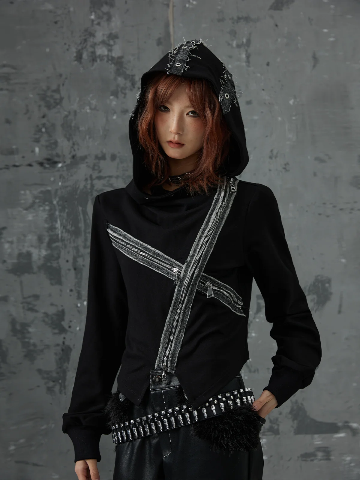 

Street Punk Sle Long Sve Трикотажная основа irt Женский топ с капюшоном и перекрестной молнией спереди Garden Lost k Color Blo Top