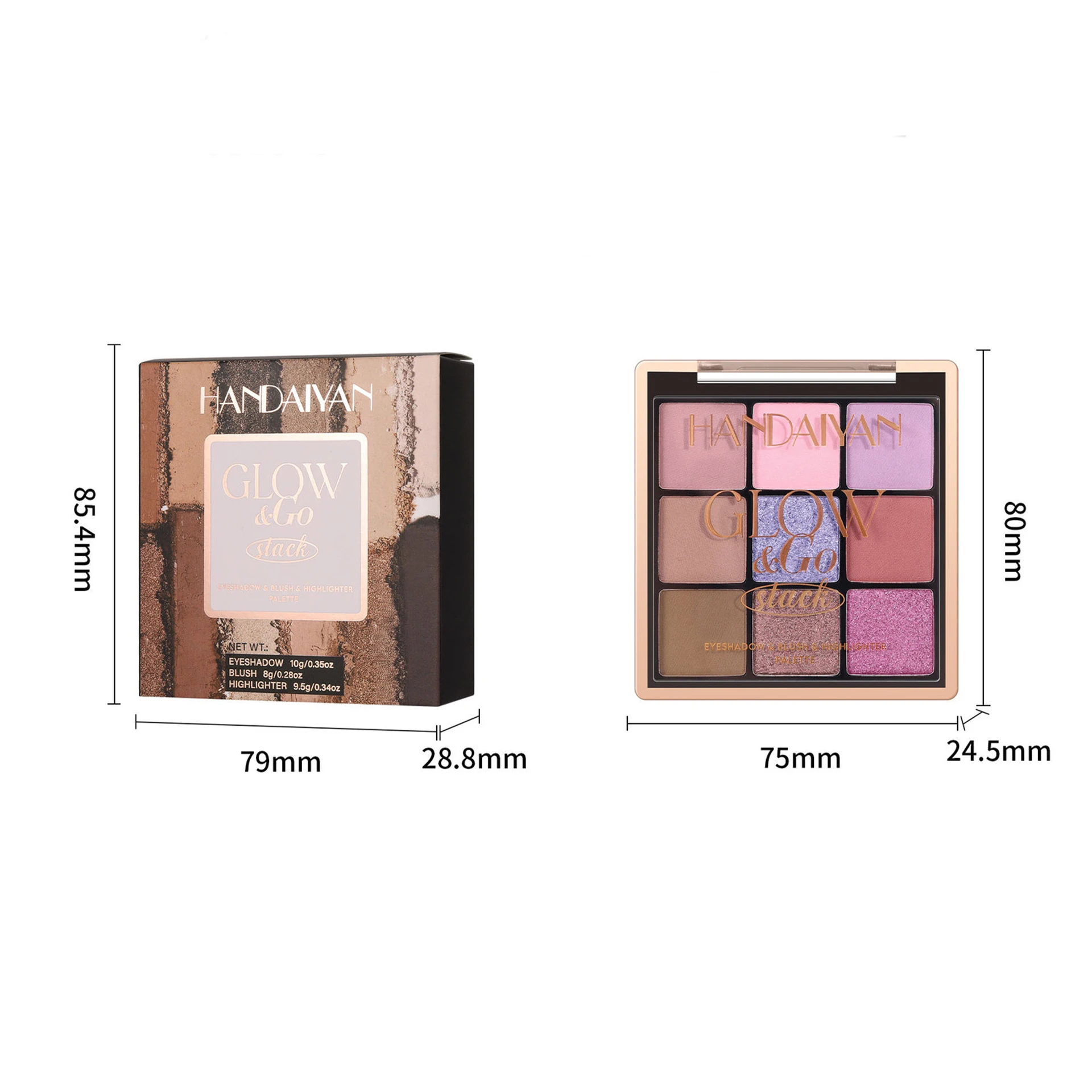 Tavolozza di trucco a tre strati, ombretto, fard e palette combinate di evidenziatori, glitter fini opachi perlescenti