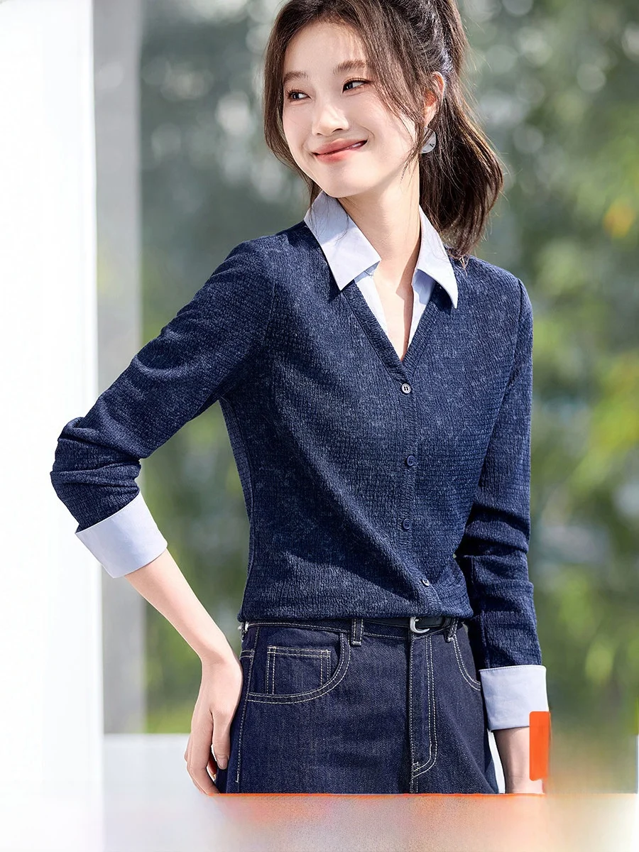 

Женская блузка Ele Slim Fit с V-образным вырезом, цветными блоками, модный топ, весна 2026, новинка, комплект из двух предметов, полиэстер, длинный рукав