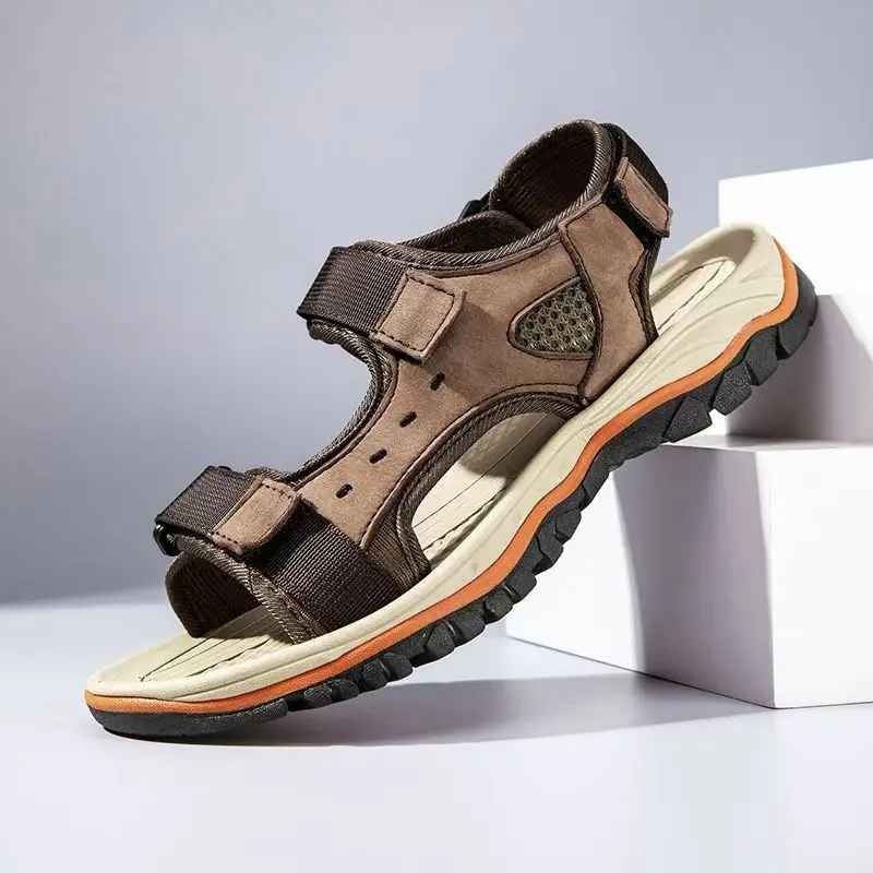 

Мужские летние новые сандалии из натуральной кожи больших размеров, пляжные, с мягкой подошвой, нескользящие, дышащие, на липучке, для активного отдыха, повседневные, спортивные