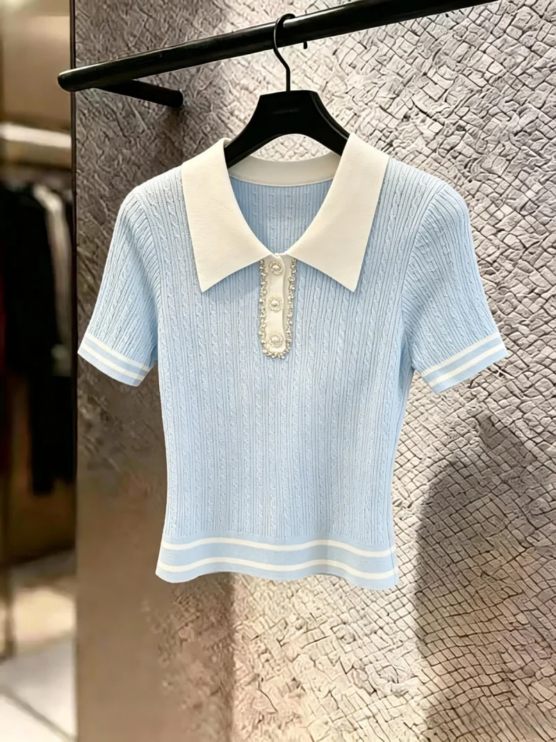 

Summer New Style Women's Neck Short Sleeve Knitted Shirt Diamond Embedded Self-Keeping Color Collision Soft Wind Anti-Ag...