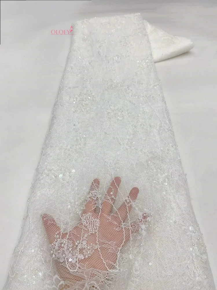OLOEY 5 yardas de tela de encaje bordado africano con lentejuelas y diseño de cuentas francesas nigerianas para costura de vestidos de novia