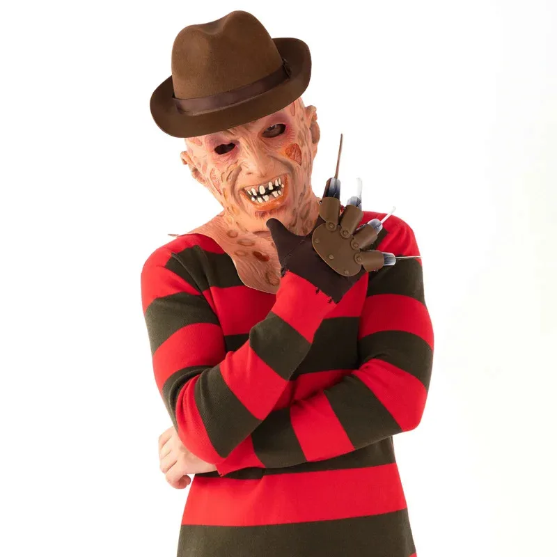Freddy Krueger Costume Cosplay Maglione per adulti Maglia a righe rosse Top Coat Cappello Maschera Freddie Krueger Costume di Halloween per uomo