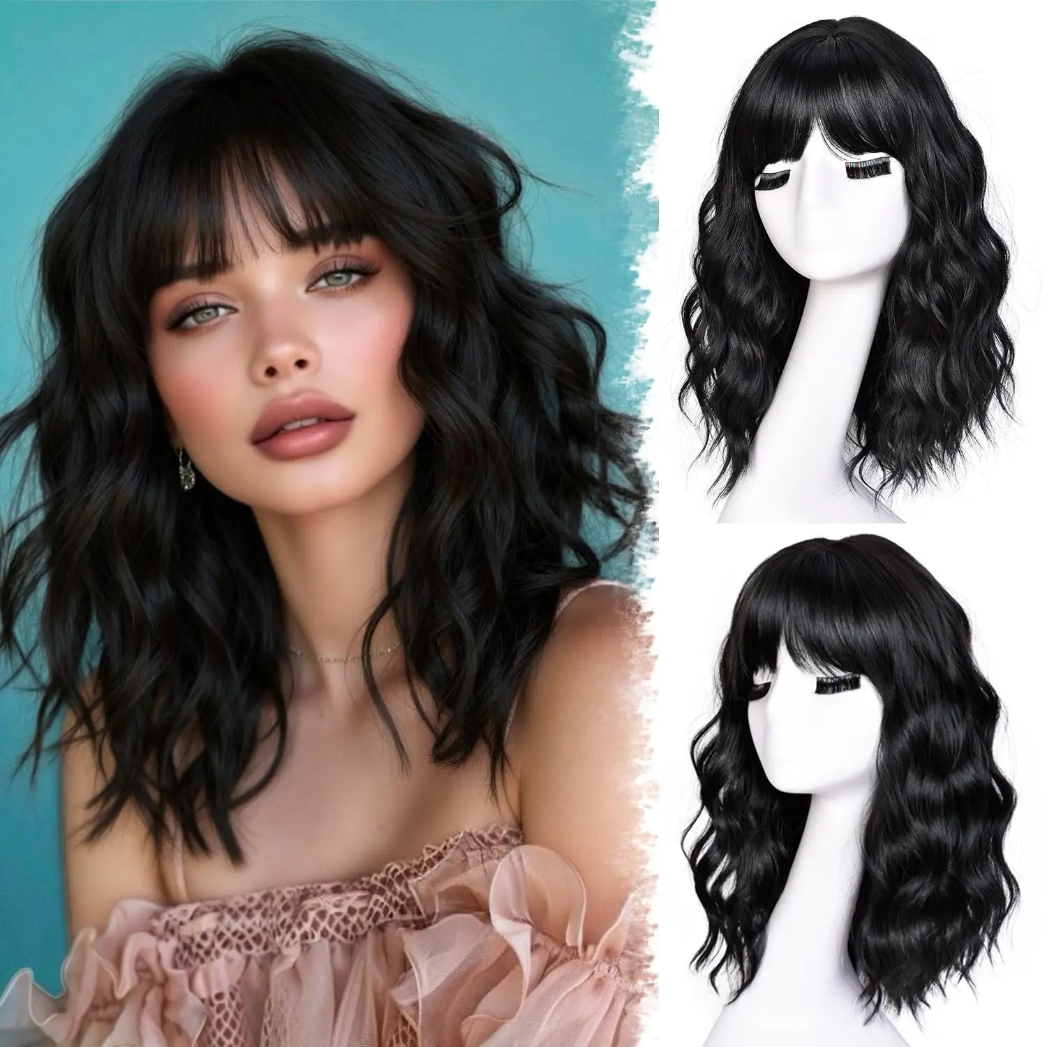 

Короткие волнистые парики-боб для женщин, 14 дюймов, черные, с челкой, для темнокожих женщин, длина до плеч, для Хэллоуина и косплея