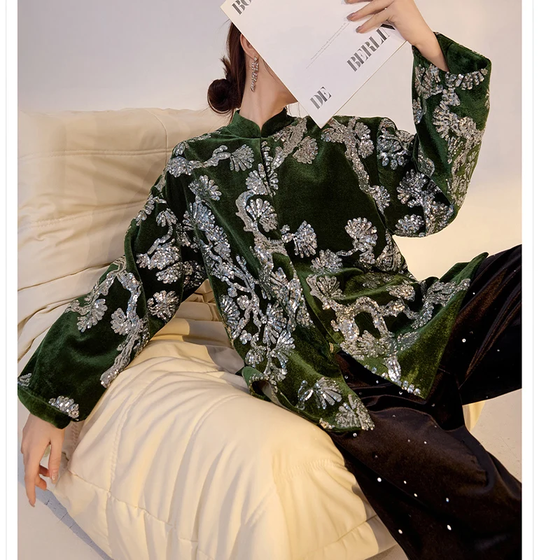 Spring and Autumn New Chinese Style Stand Collar Velvet Hidden Button Coat Elegant Flower Branch +Sparkling Jacquard Jacket S-L