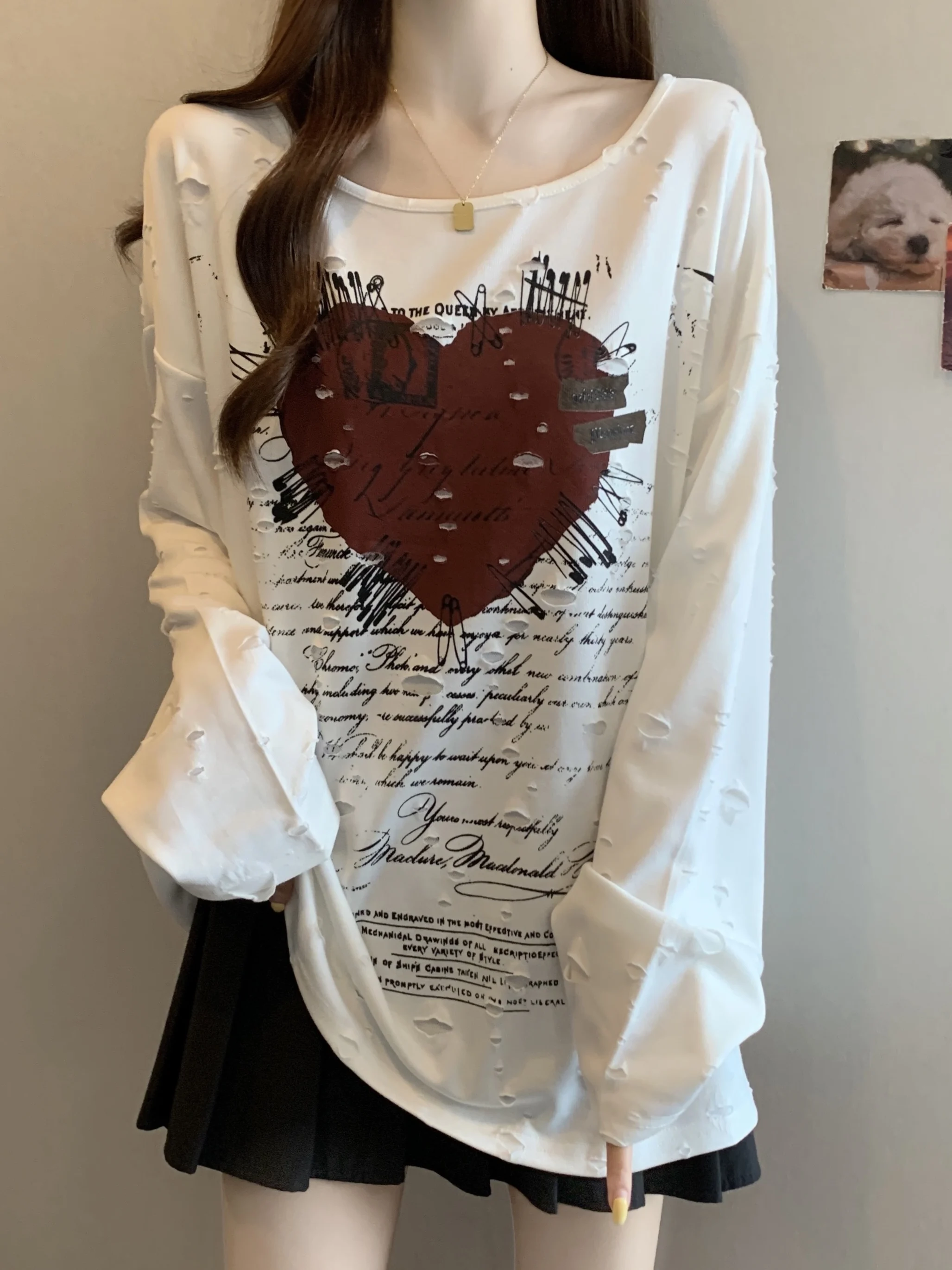 

plus Size American Sle Letter Heart Print round Ne Long Sve T-irt Women Loose Slimming Hole Design Casual Top