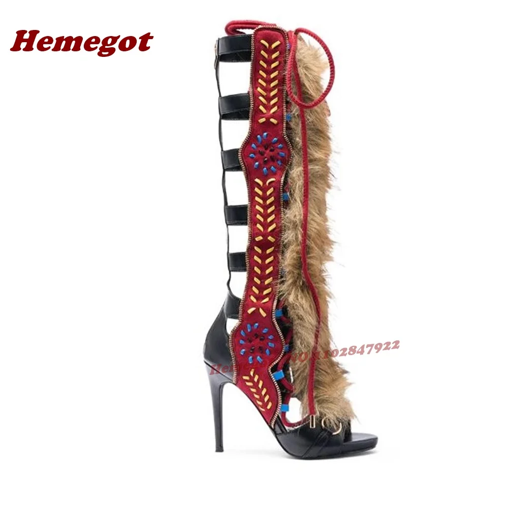 Fur Patchwork Embroidery Gladiator Sandals Peep Toe Stiletto Heels Hollow Out Women's Sandals Splicing Plush Shoes Runway Sexy