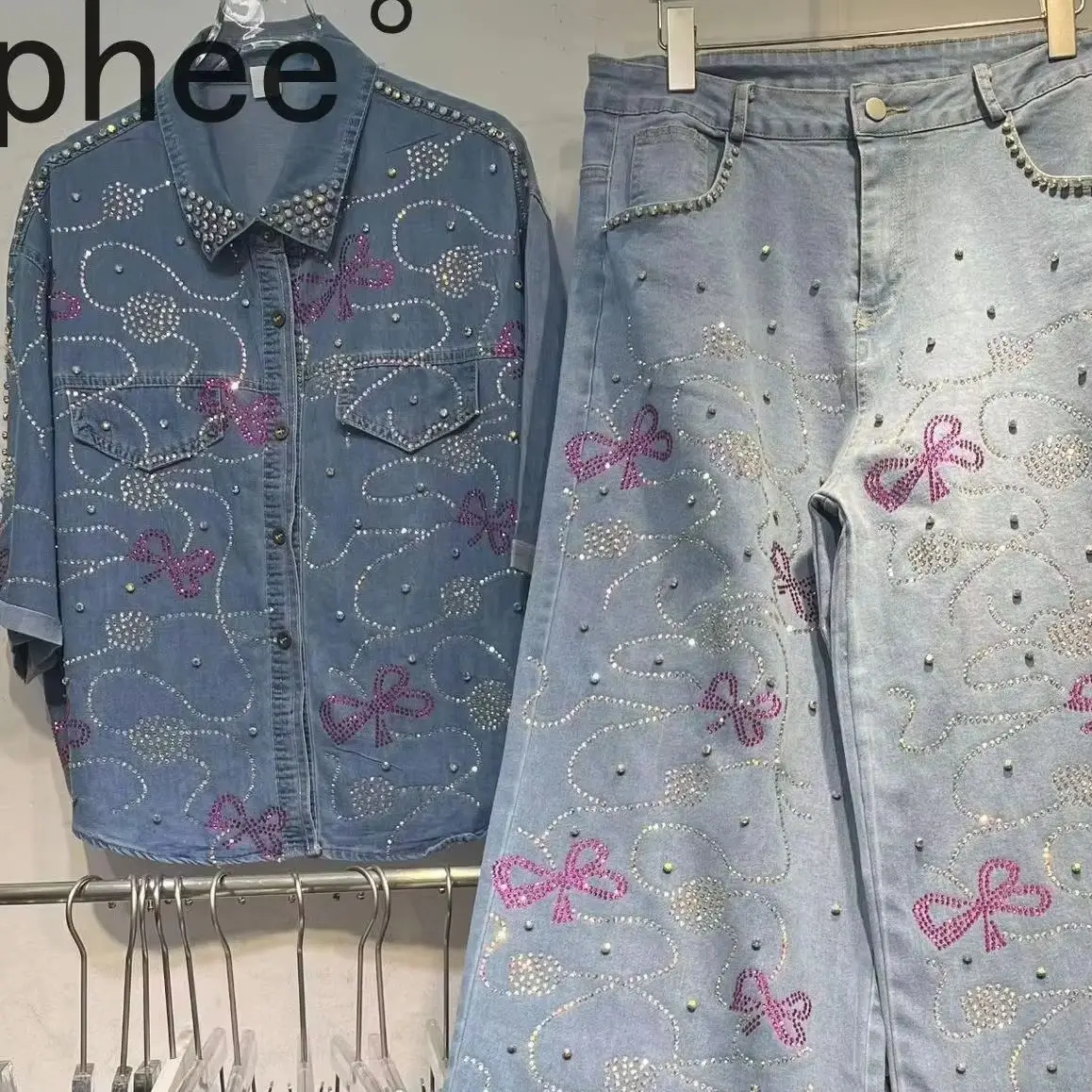 

Модные женские джинсовые комплекты, новые весенне-летние роскошные джинсы с короткими рукавами и бриллиантами, рубашки, пальто + милые бусины, повседневные широкие брюки