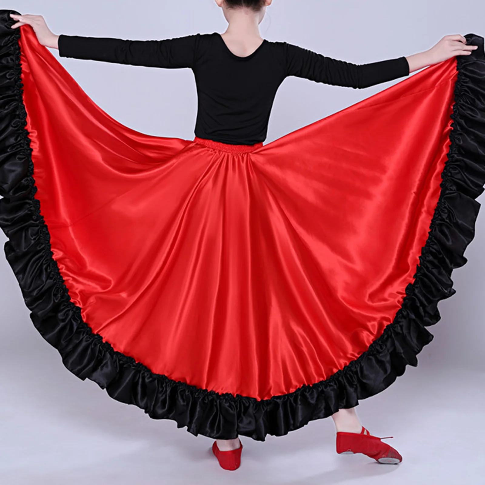 Girls Spanish Paso Doble Matado Skirt Flamenco Latin Dance Stage Performance Costume Big Swing Ruffled 180/360 Degree Dancewear