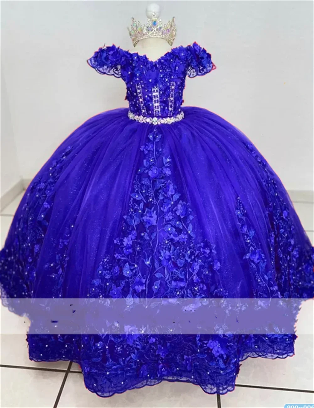 

Deluxe Shoulder Flower Girls Dress Off Applique Royal Blue Crystals Beads New Design Princess Ball Gown For Birthday Gown