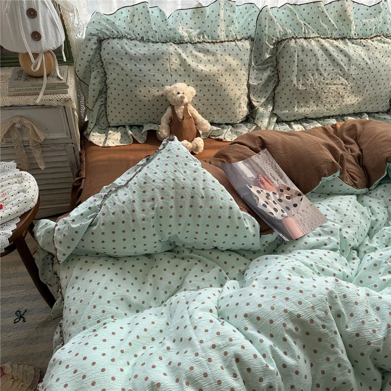 3/4Pcs Korean Princess Style Spotted Pattern Ruffles Bedding Set Single Queen King Size Duvet Cover Set Bed Sheet Pillowcases