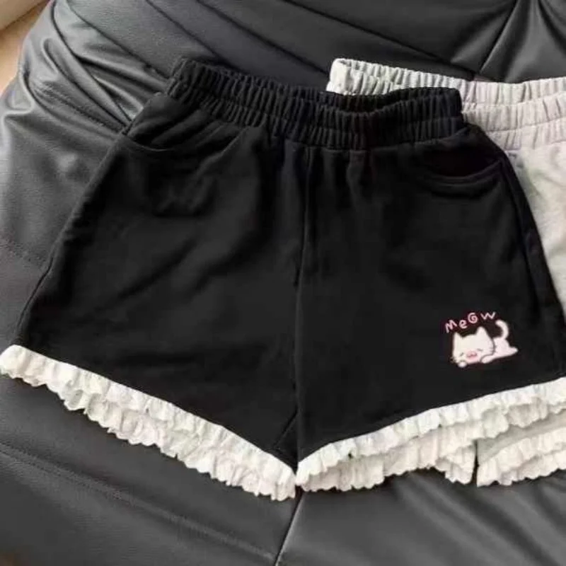 Pantaloncini sportivi a vita alta alla moda Pantaloncini corti a gamba larga con ricamo gatto carino Y2K Abbigliamento femminile casual estetico 2025 Estate Nuovo