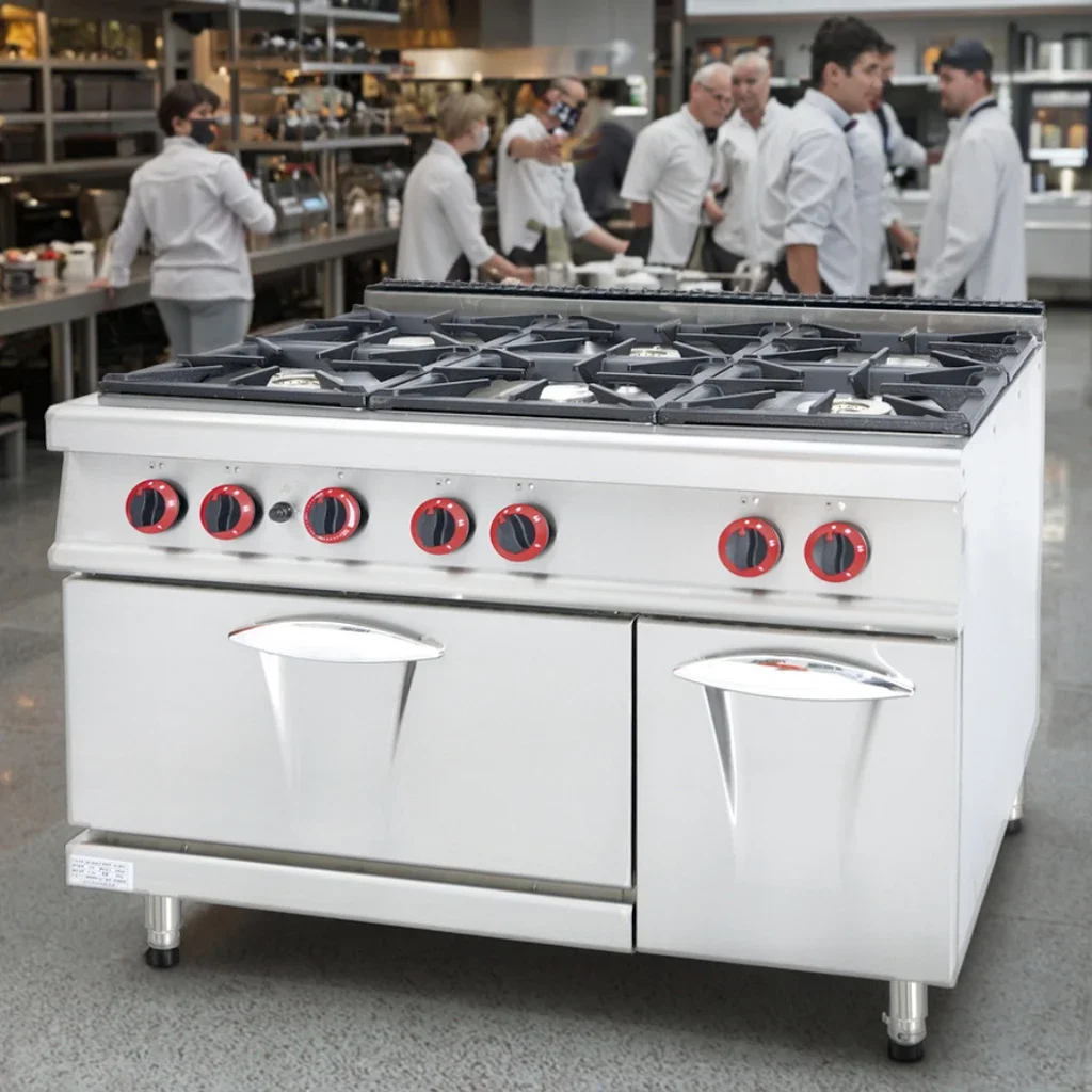 معدات المطبخ التجارية 6 شعلات، فرن من الفولاذ المقاوم للصدأ نطاق طهي الغاز مجموعة التحكم في درجة الحرارة