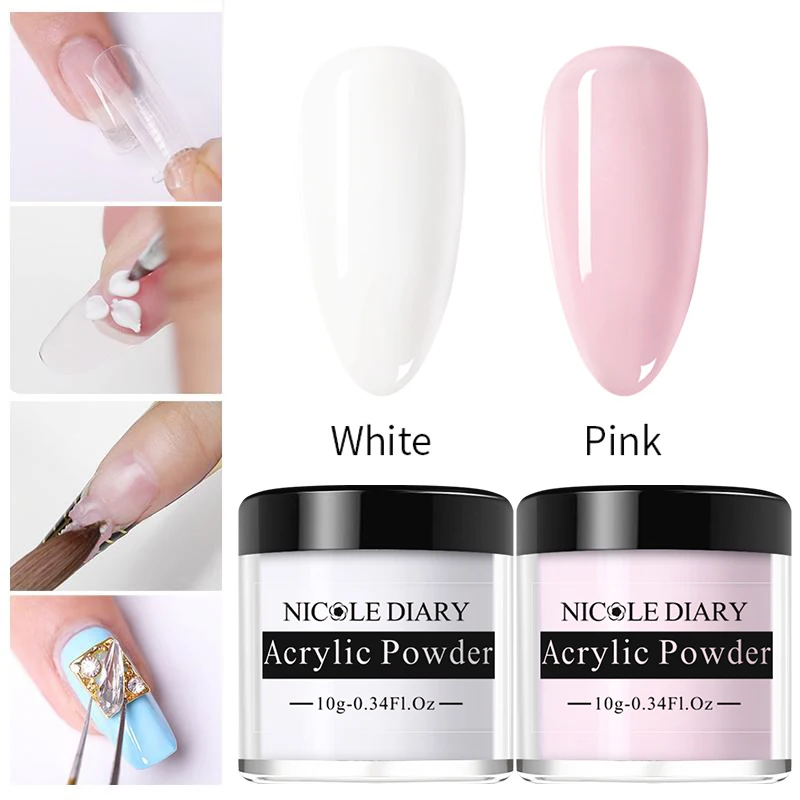 NICOLE DIARY 10g Rosa Weiß Kristall Nagel Pulver Rosa Weiß Acryl Für Nägel Verlängerung Blume Carving Maniküre Eintauchen Nagel Dus