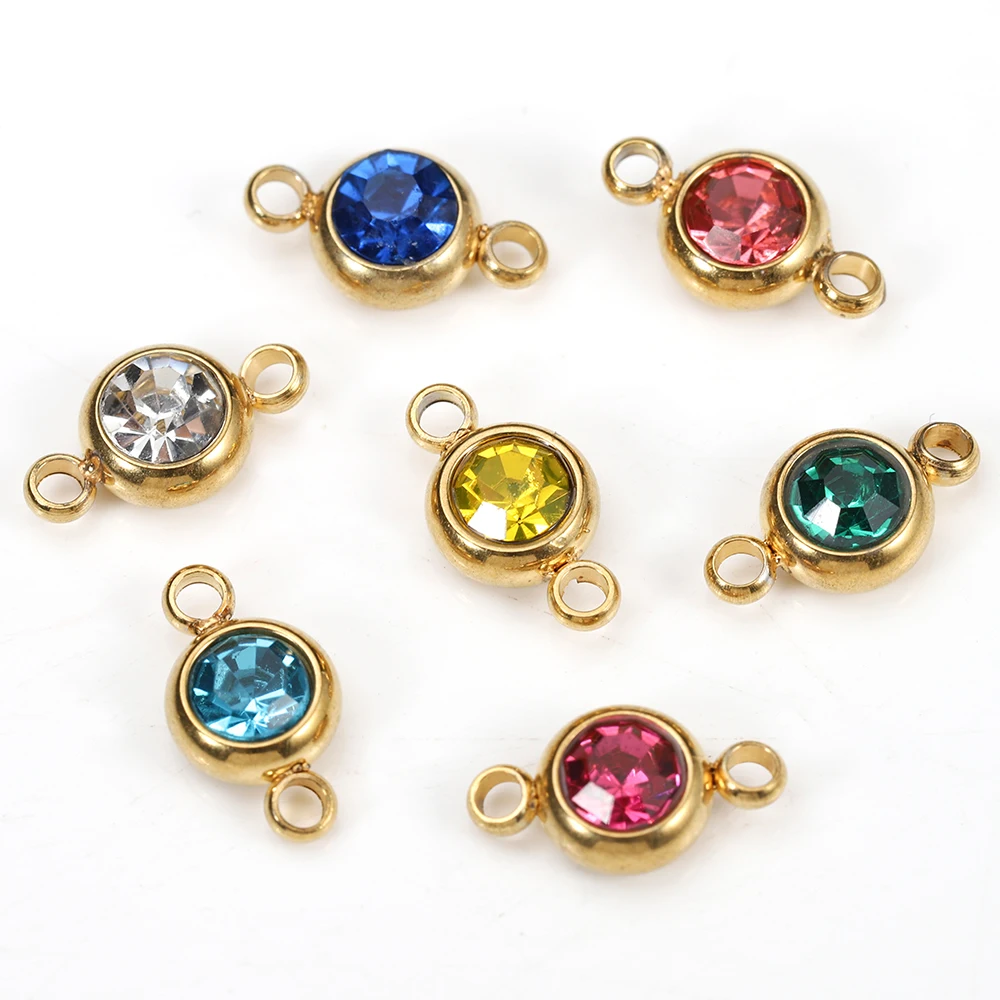 10pcs 6mm Stainless Steel Birthstones Charms Pendants Crystal Rhinestone Beads for Necklace Bracelet Handmade Making Findings