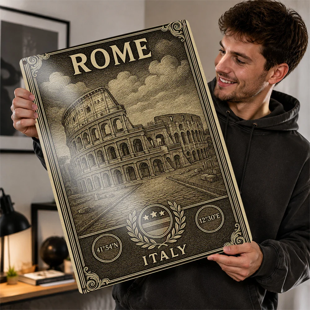 Rome, Italy: Colosseum Illustration Textured Poster Personalized Metal Tin Sign Vintage Cityscape Scene Wall Art For Travelers