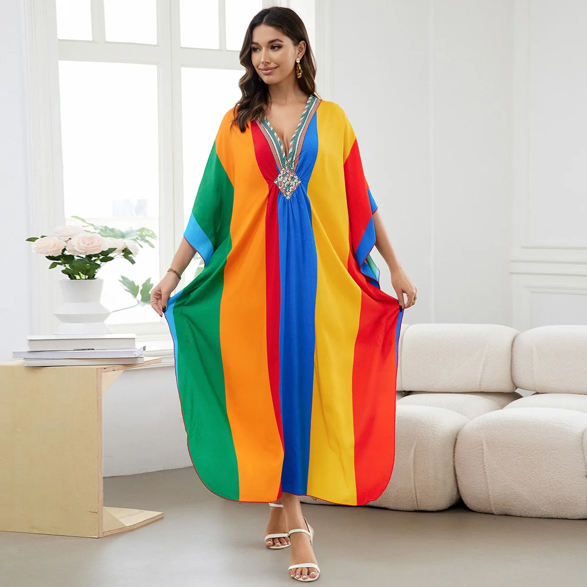 2024 Gezellige Plus Size Handgebreide V-Hals Vleermuis Mouw Side Split Kaftan Vrouwen Zomer Kleding Boho Strandkleding Badpak Cover Up