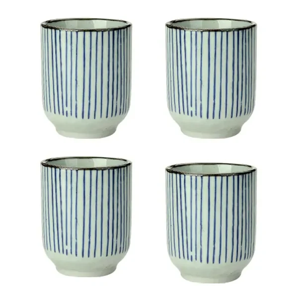 

4Pcs Japanese Style Blue Stripe Ceramic Teacups Small Straight Wine Glass 150ML
