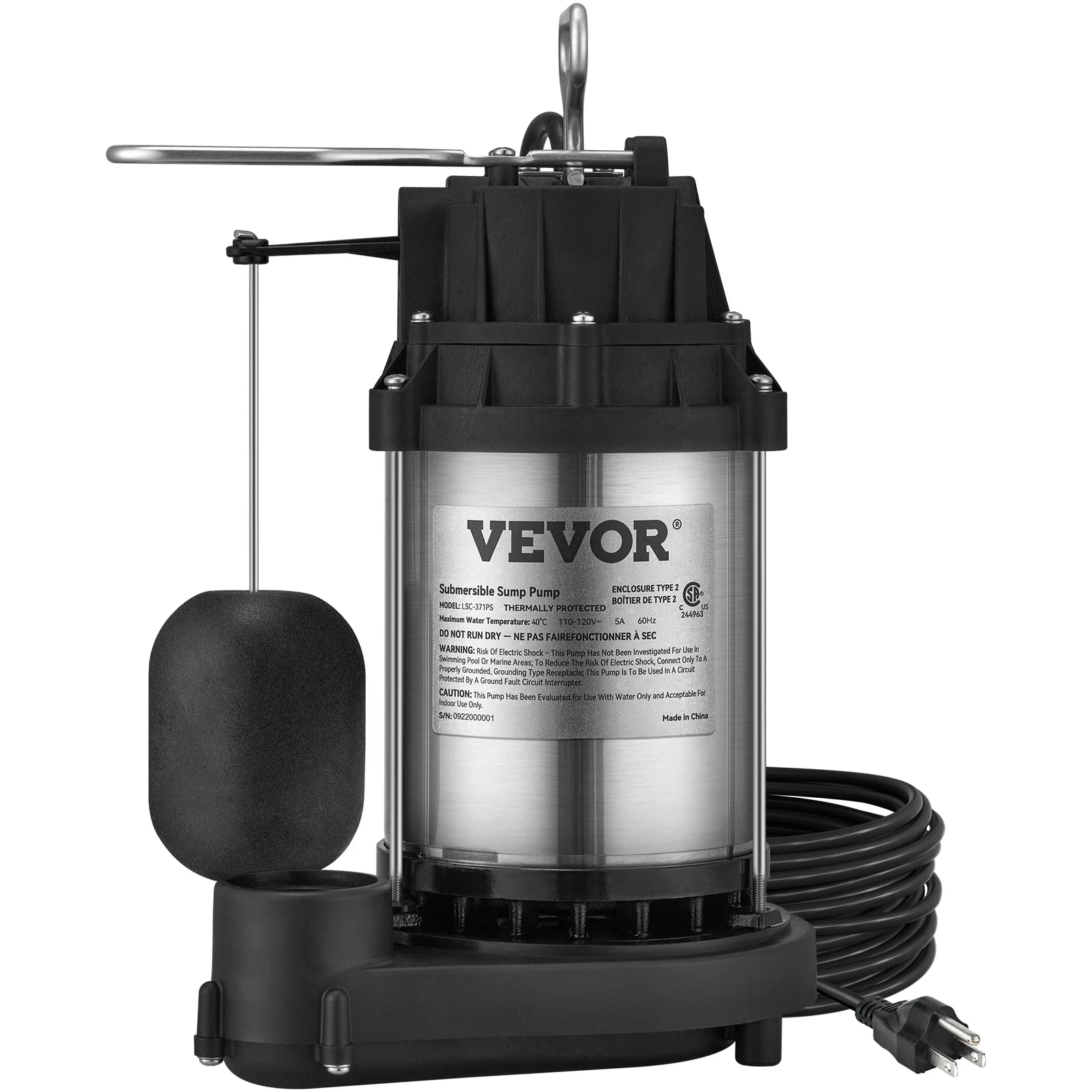 

Погружной насос VEVOR 0.5HP/0.75HP/1.0HP из чугуна/стали, 6000 GPH, с интегрированным вертикальным поплавковым выключателем