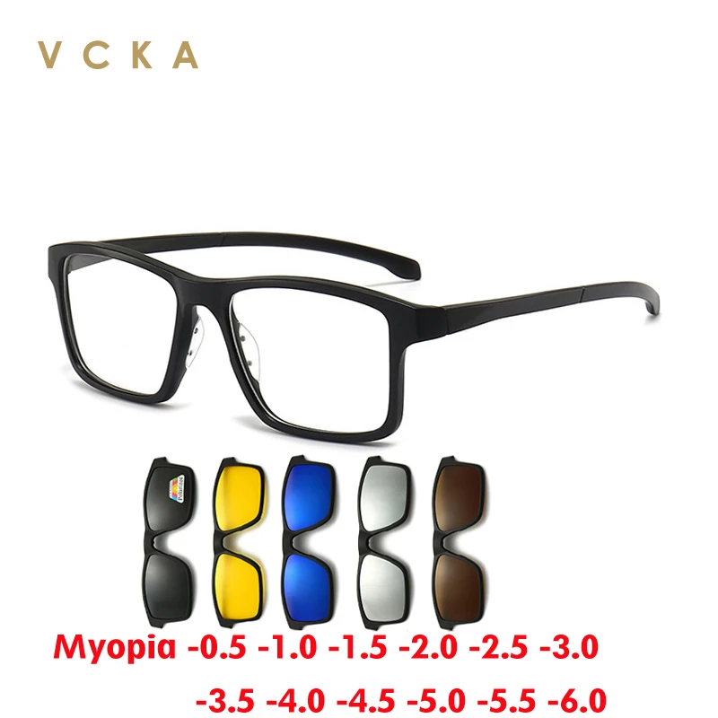 

VCKA 6 in 1 Myopia Men Sunglasses Women Eyeglass Frames Magnet Clip Square Polarized Custom Prescription Glasses -1.0~-6.0