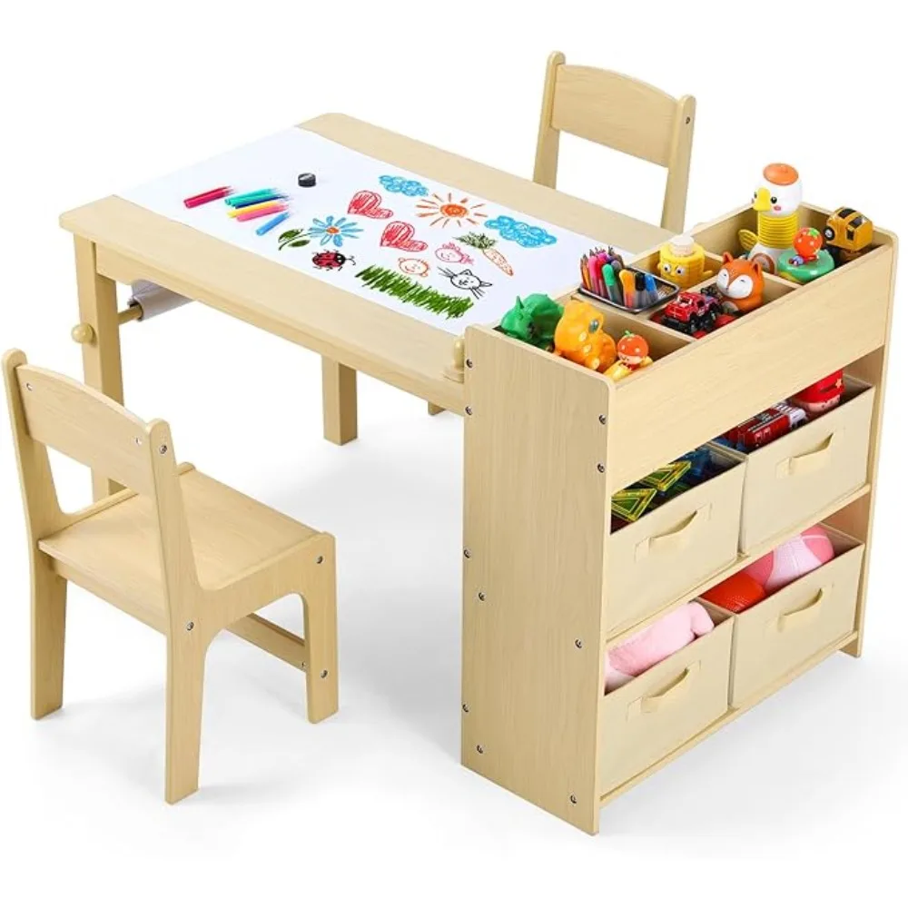 Kids Art Table and 2 Chairs, Toddler Craft Drawing Desk with Large Storage Shelves, 4 Storage Bins and Paper Roll