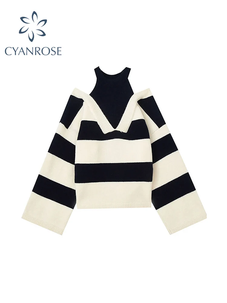 Women Sweaters Striped Fake Two Pieces Off Shoulder Slash neck Pullovers Womens Trendy 2022 Autumn Winter New Chic Knitwear Tops