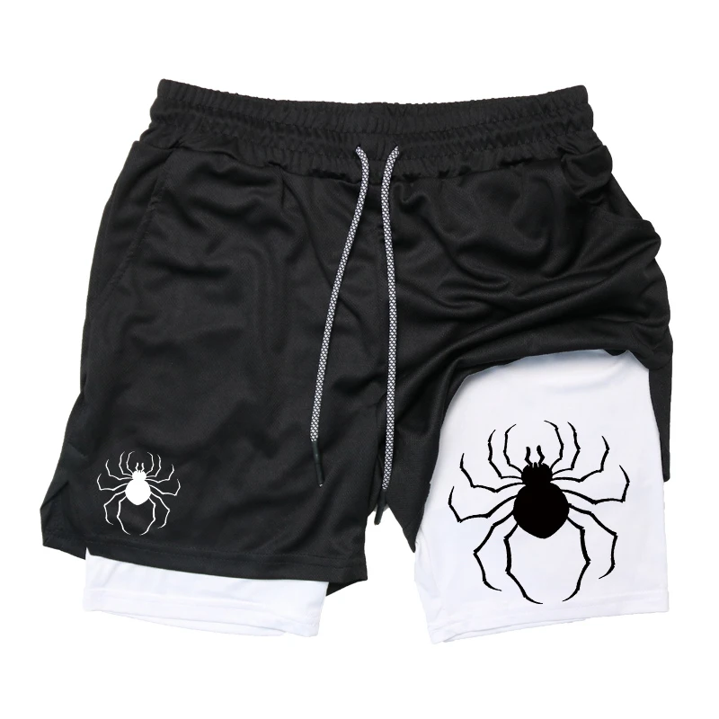 Spider Graphic 2 in 1 Compression Shorts for Men Gym Workout Running Performance Shorts with Phone Pocket Athletic Active Wear