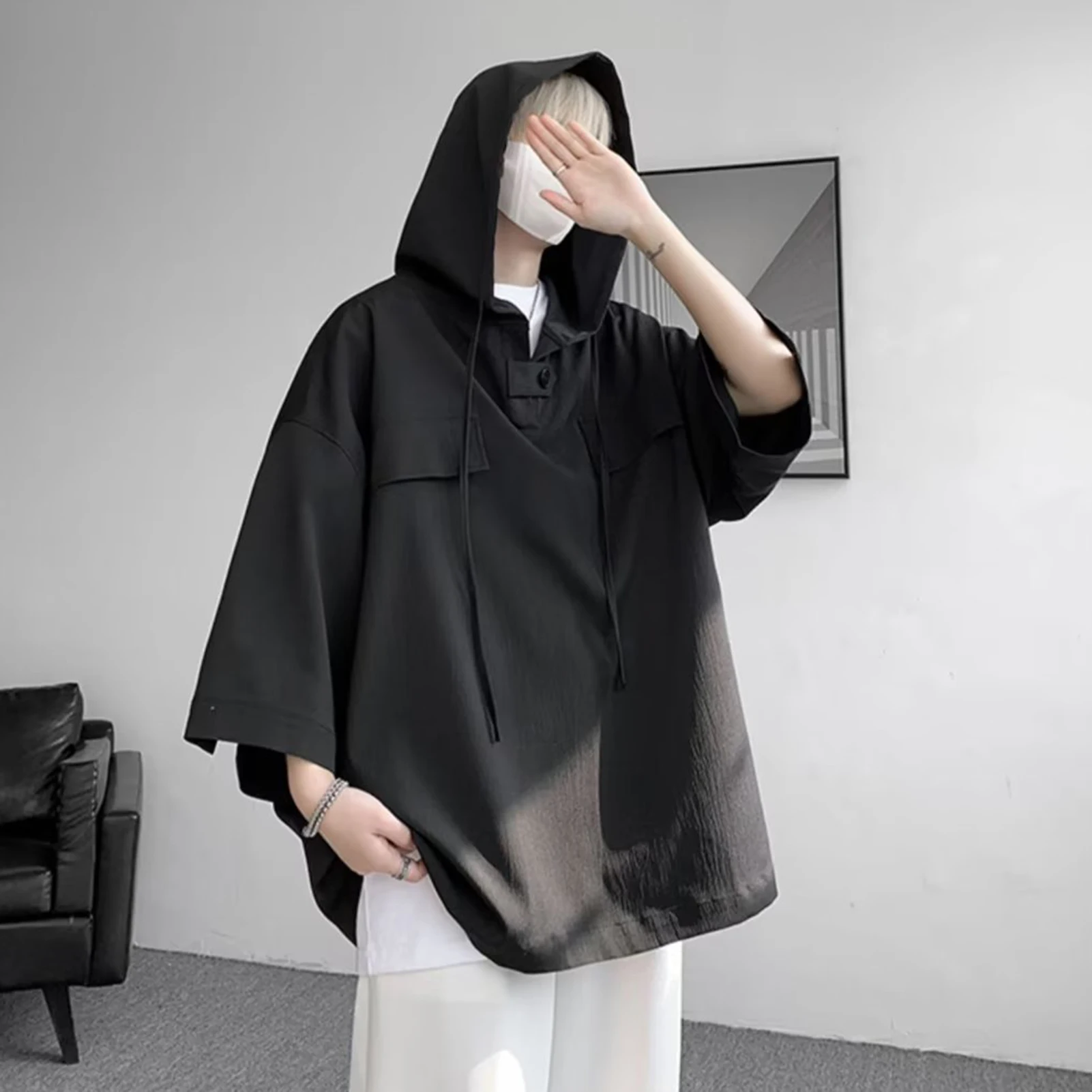 Summer Hooded T shirt Men Korean Half Sleeve Pullover Streetwear Loose T-shirt Tops Drawstring Men Clothing