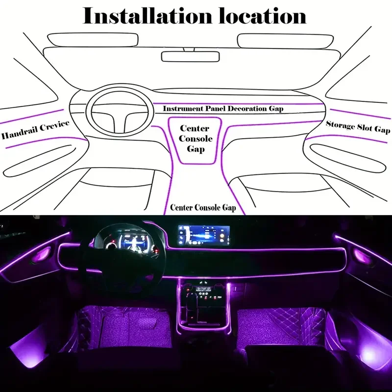 Color Car Interior Lights Voice Control Decorative Ambient EL Cold Lights Flexible Neon RGB LED Strips USB Fiber Optic Lamp