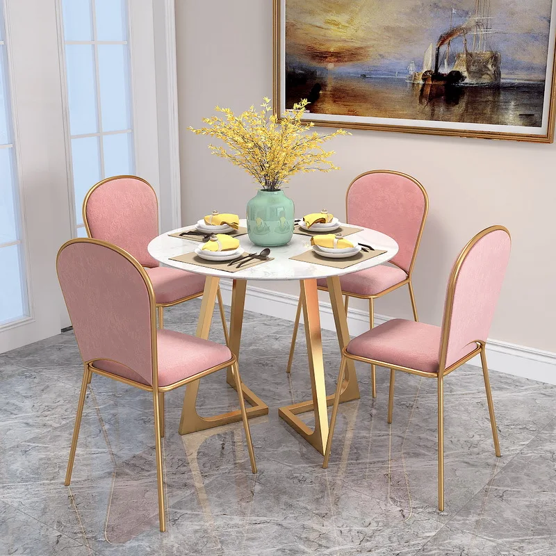

Marble Nordic round table for 4 people, small round white golden foot rice